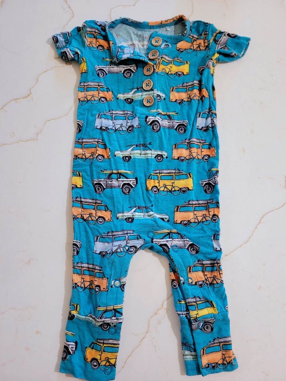 Kids Posh Peanut One-Piece Romper in Teal with Retro Car Print